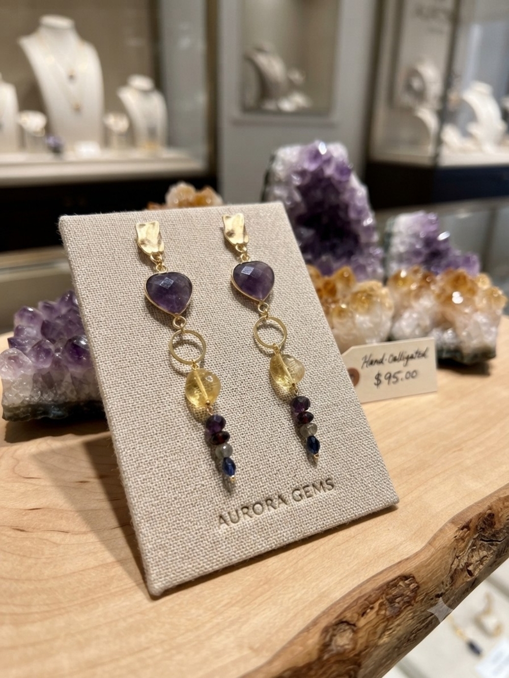 Purple and Yellow Gemstone Drop Earrings